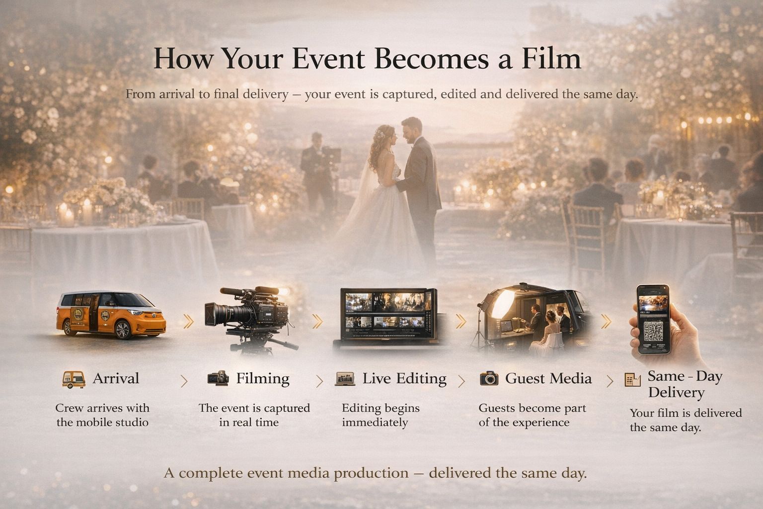 Process: van, filming, editing, guest media, phone delivery