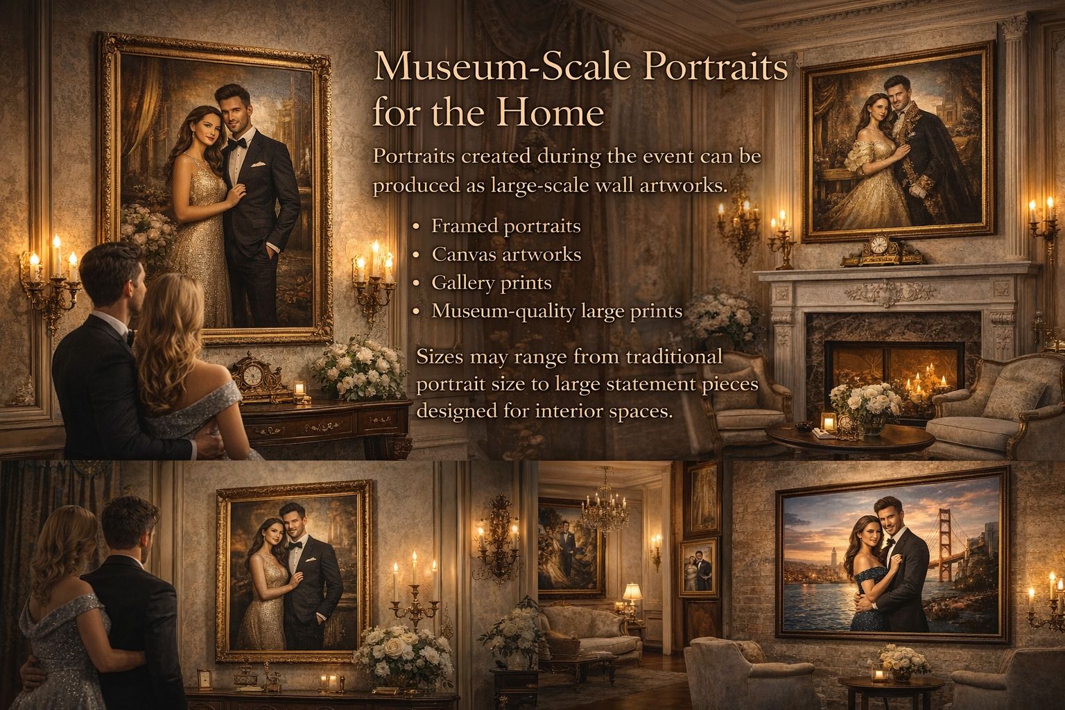 Grand living rooms with enormous framed portrait paintings