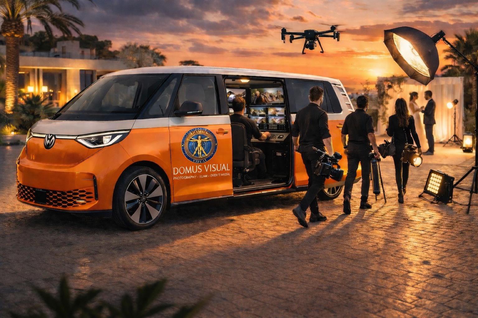 Domus Visual mobile production van with crew at sunset