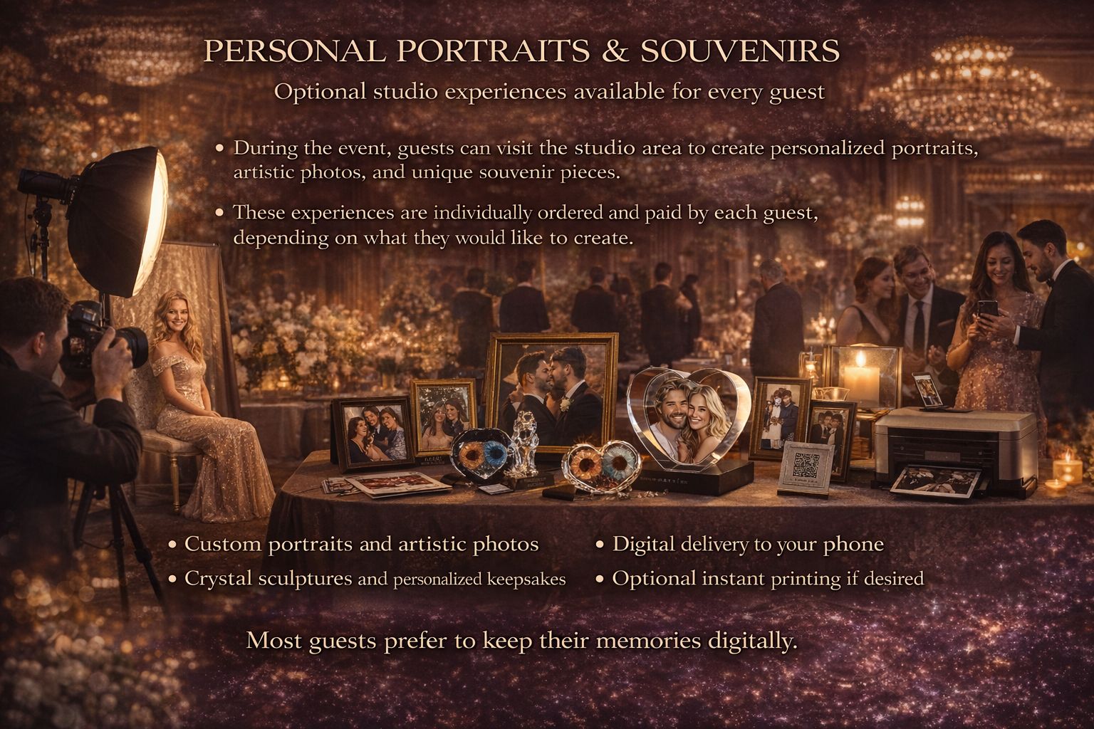 Ballroom studio with souvenirs, crystals, and prints
