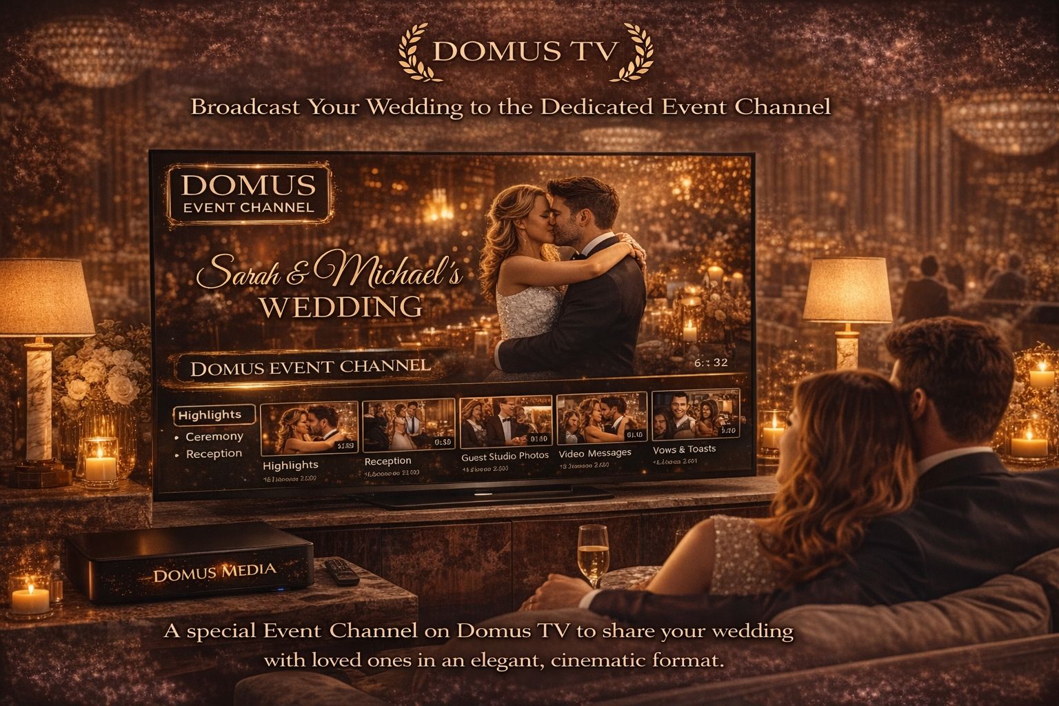 Couple watching wedding event channel on large TV